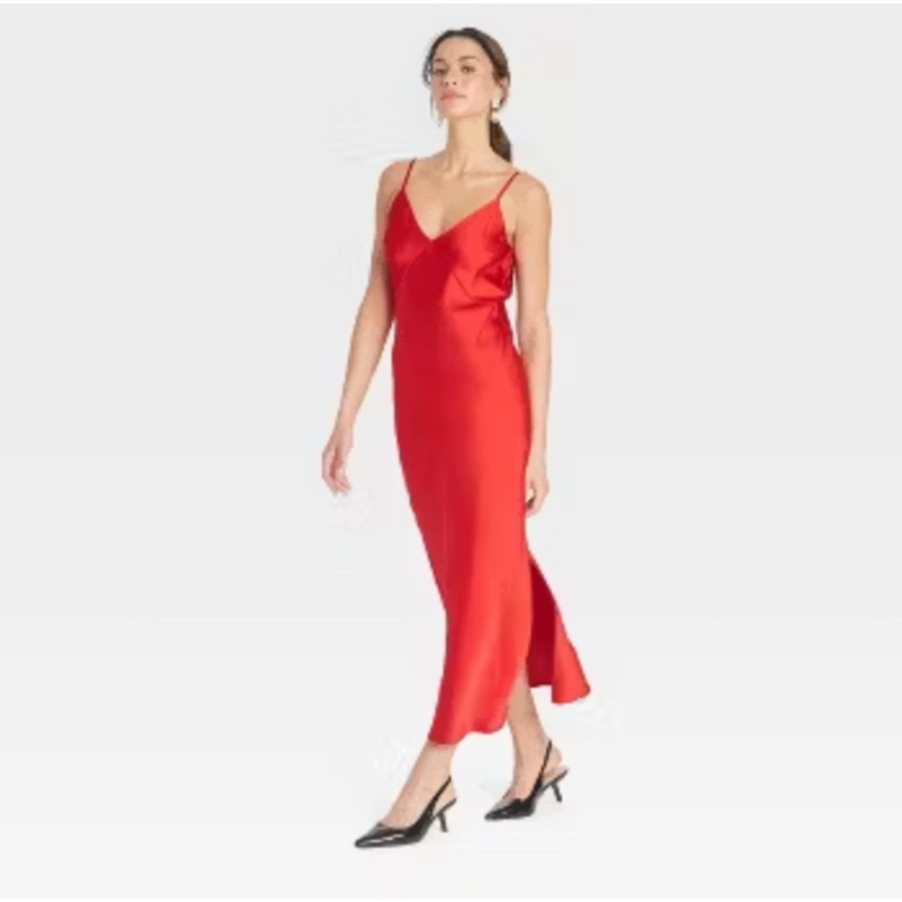 a new day Red Satin Midi Dress